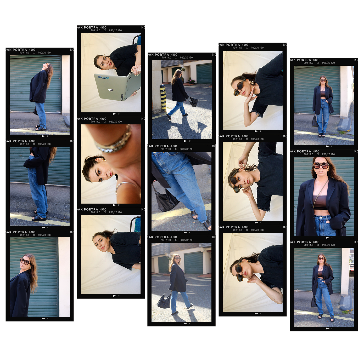 Collage of multiple photos of a young woman with long brown hair, wearing sunglasses, a black blazer, black top, and jeans, posing outdoors and indoors.