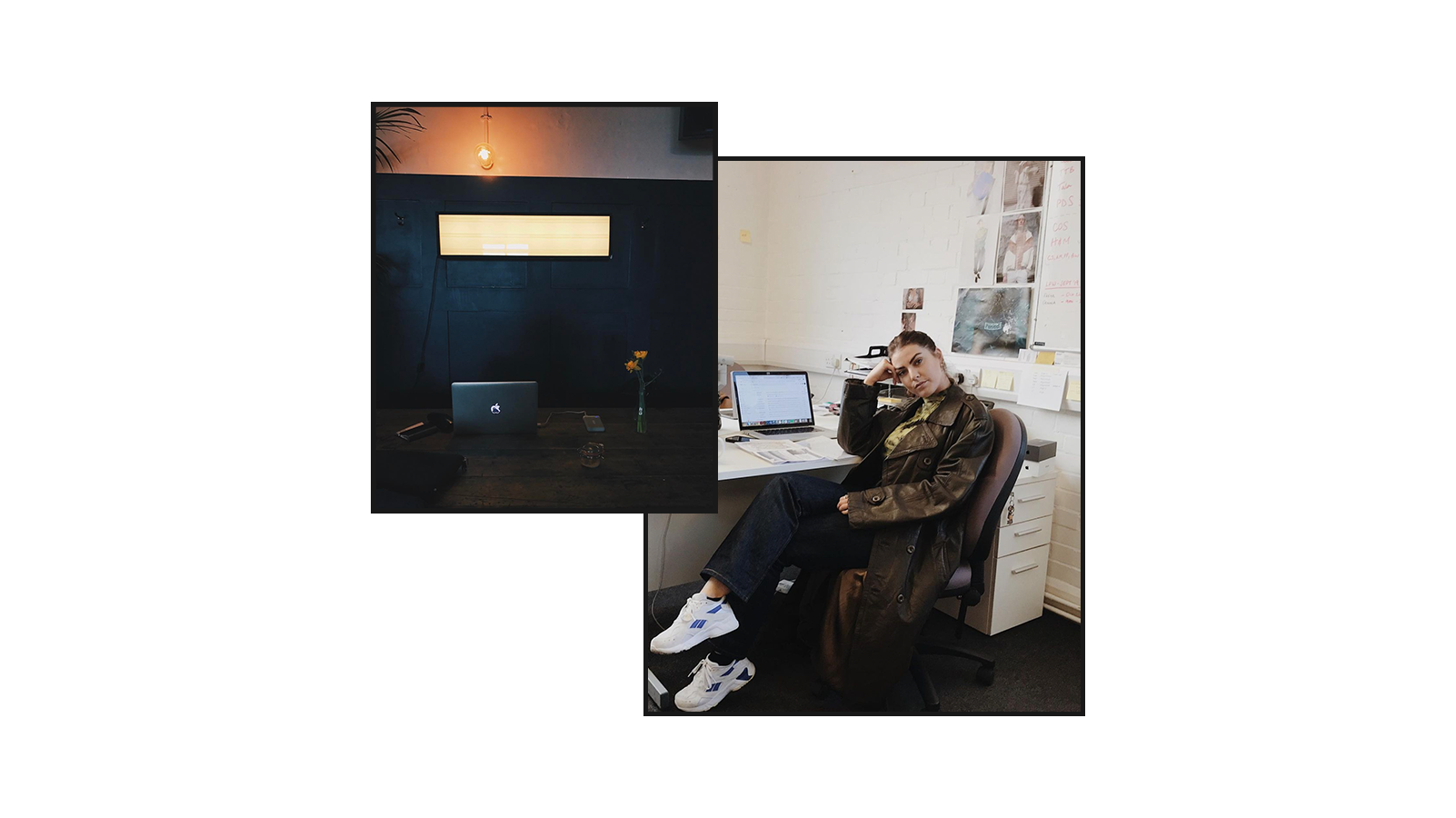 A woman sitting at an office desk with a laptop, papers, and a whiteboard in the background, resting her head on her hand and looking at the camera.