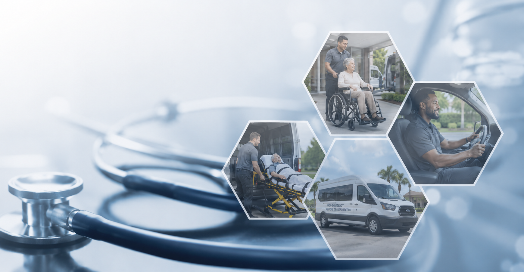 A collage depicting emergency medical transportation and care, including a healthcare stethoscope in the background, with images of a female elderly patient in a wheelchair receiving assistance, a male patient being transported on a stretcher, a healthcare worker driving an ambulance, and a man driving a vehicle, representing medical emergencies and patient transport services.