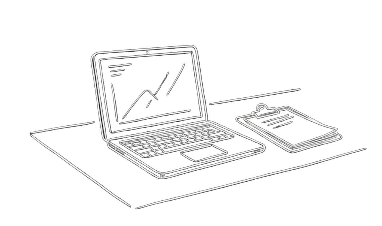 Line art of a laptop with a screen displaying a graph, a notepad with a pen on top, all on a desk.