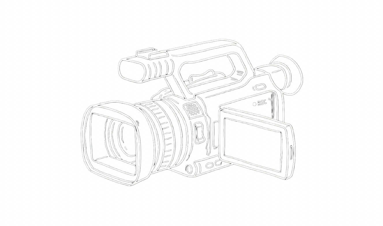Line drawing of a professional video camera with a flip-out display screen, set against a black background.