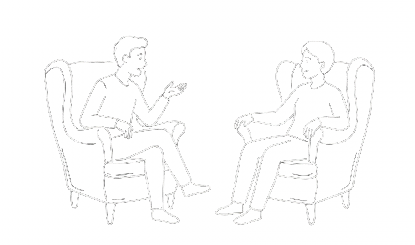 Line drawing of two people sitting in armchairs facing each other, engaging in conversation against a black background.