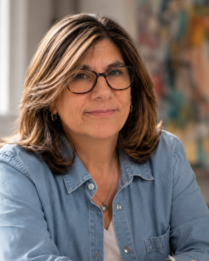 A middle-aged woman with shoulder-length brown hair, wearing glasses, a denim button-up shirt, and a pearl necklace, sitting indoors with artwork in the background.