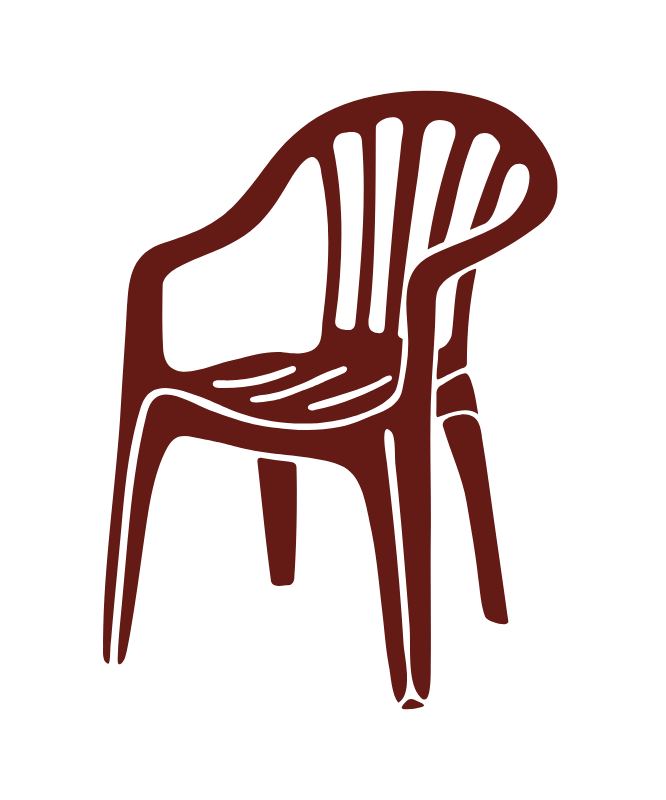A drawing of a brown plastic chair with a slatted backrest on a black background.