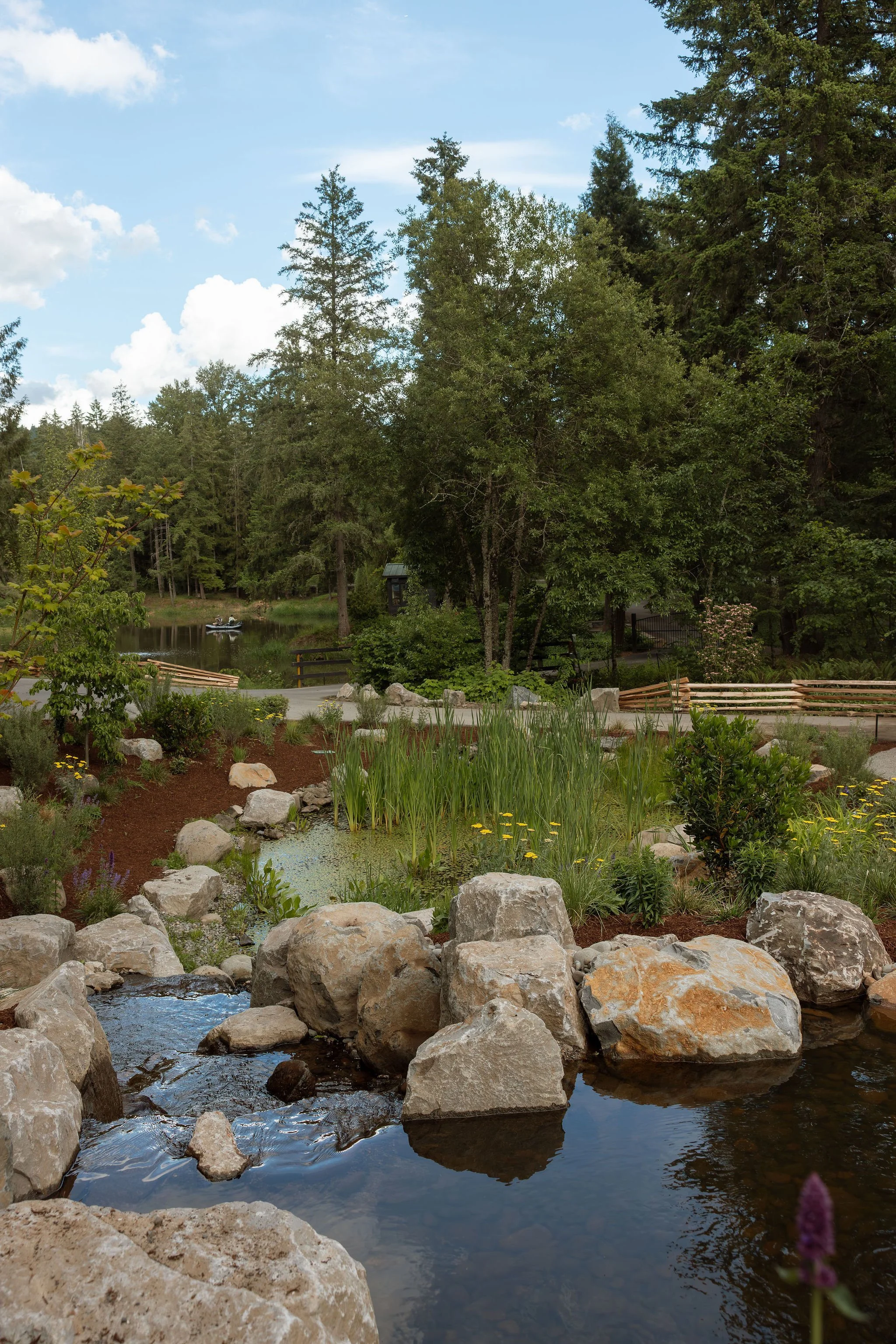 A peaceful scene of a small creek with rocks along the edges, flowing through a lush garden with green plants and trees, with a background of a calm lake, tall trees, and a blue sky with some clouds.