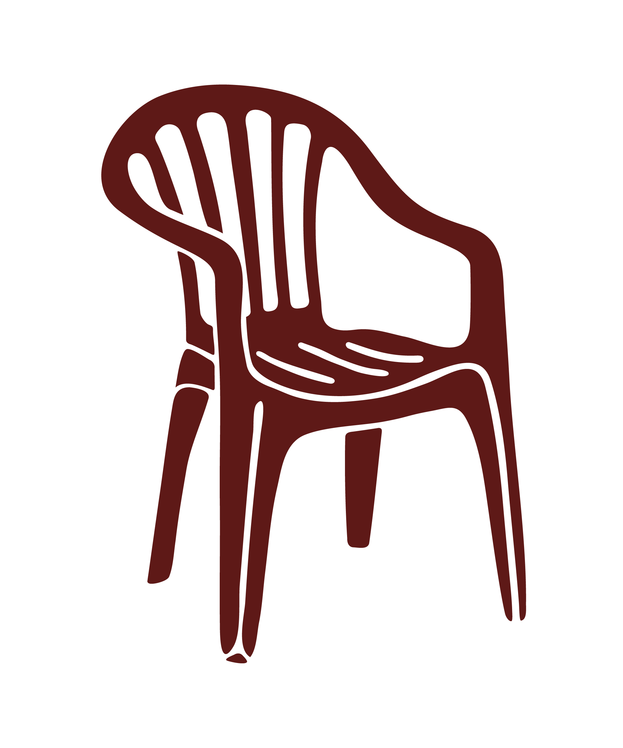 Outline drawing of a chair in dark red on a black background.