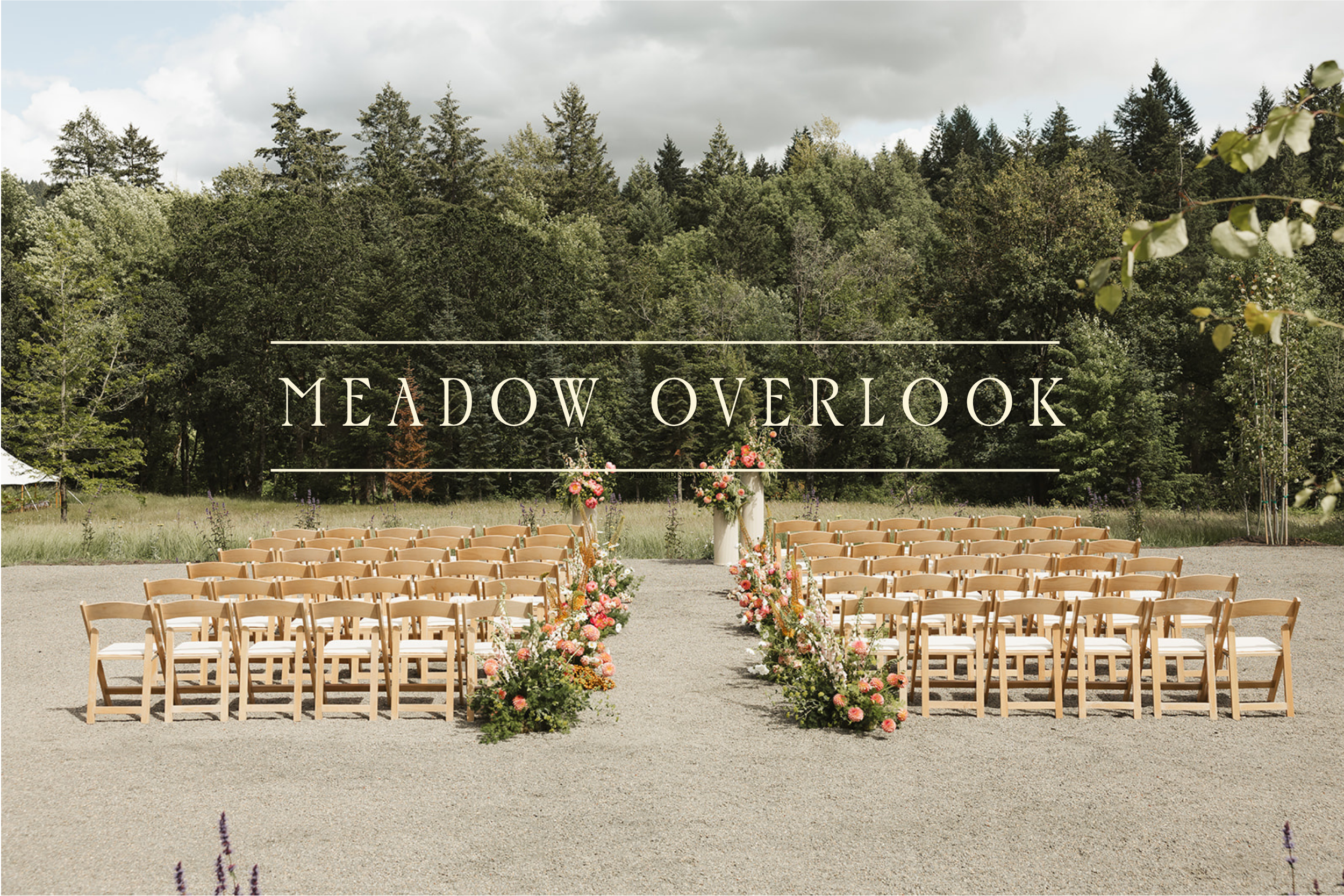 Outdoor wedding ceremony setup with rows of wooden chairs and floral arrangements, set against a backdrop of lush green trees.