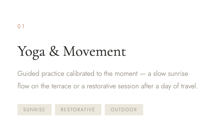 Text highlighting 'Yoga & Movement' with a description about guided practice for relaxation after travel, and buttons labeled 'Sunrise,' 'Restorative,' and 'Outdoor'.