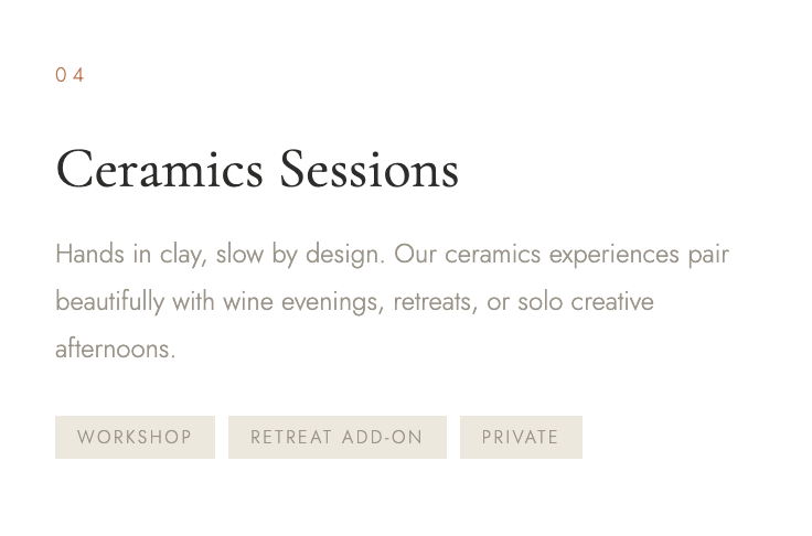 Text on a webpage titled 'Ceramics Sessions' describing pottery workshops, retreats, and solo creative afternoons, with buttons for 'Workshop,' 'Retreat Add-On,' and 'Private' options.