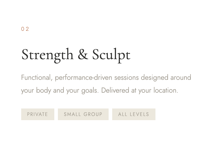 A promotional webpage for strength and sculpt fitness sessions, offering private, small group, and all-level options with a minimalist design.