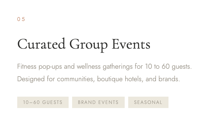 Screen displaying information about curated group events, including fitness pop-ups and wellness gatherings for 10 to 60 guests, designed for communities, boutique hotels, and brands.