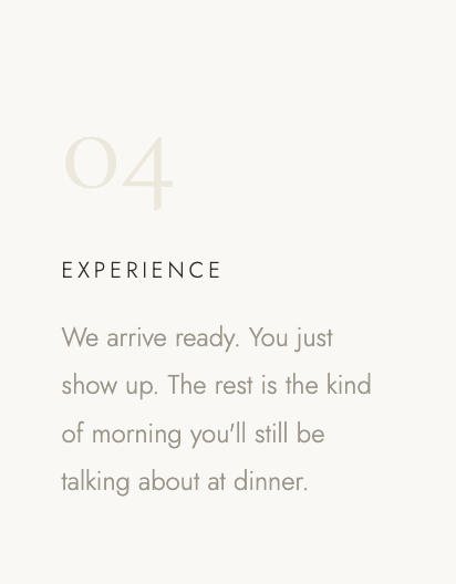 Page displaying the number 04 and the word 'Experience', with a quote about being ready and talking about mornings at dinner.