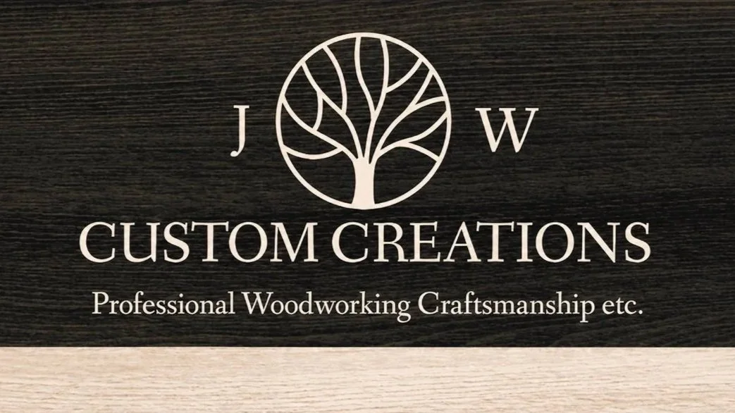 Business card for J W Custom Creations featuring a tree logo and the description "Professional Woodworking Craftsmanship etc."