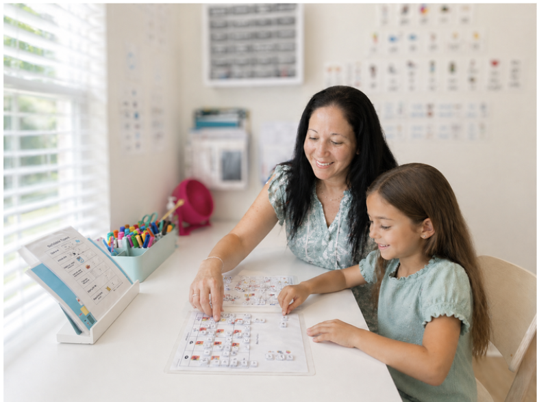 Teacher and student at a white table in a bright room with large windows and educational posters on the wall.