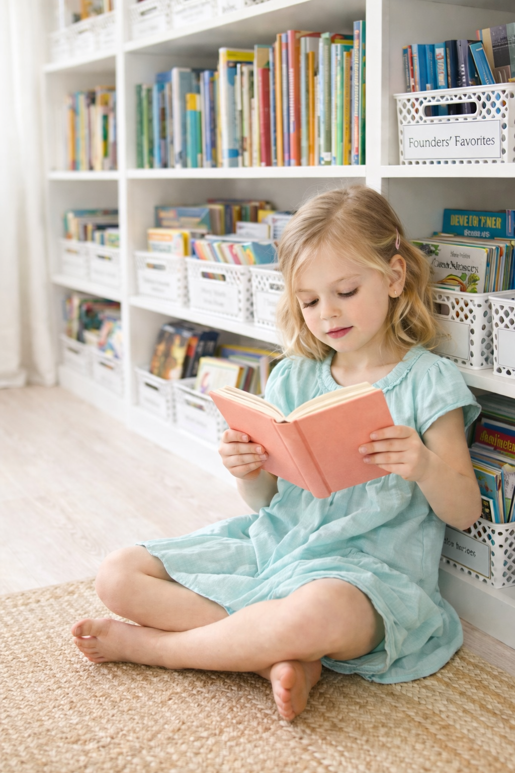 A young girl with blonde hair and a pink hair clip, sitting cross-legged on a woven rug, reading a pink book in a bright room with white bookshelves filled with colorful books behind her at St Johns Reading Room in Fruit Cove, FL.