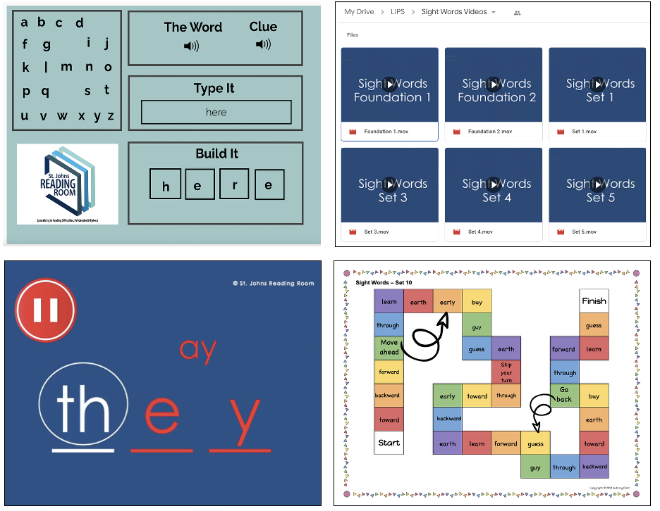 A collection of educational materials for reading and sight words. Top-left features a letter and word game with alphabet, word clues, typing, and building exercises. Top-right shows a digital folder with video files for sight words foundation and set lessons. Bottom-left is a pause screen for a sight word game with the words 'the' and 'ay' and a red pause icon. Bottom-right displays a colorful board game about sight words, with paths, arrows, and words such as 'learn,' 'earth,' 'guess,' 'forward,' and 'backward' for practicing sight words.