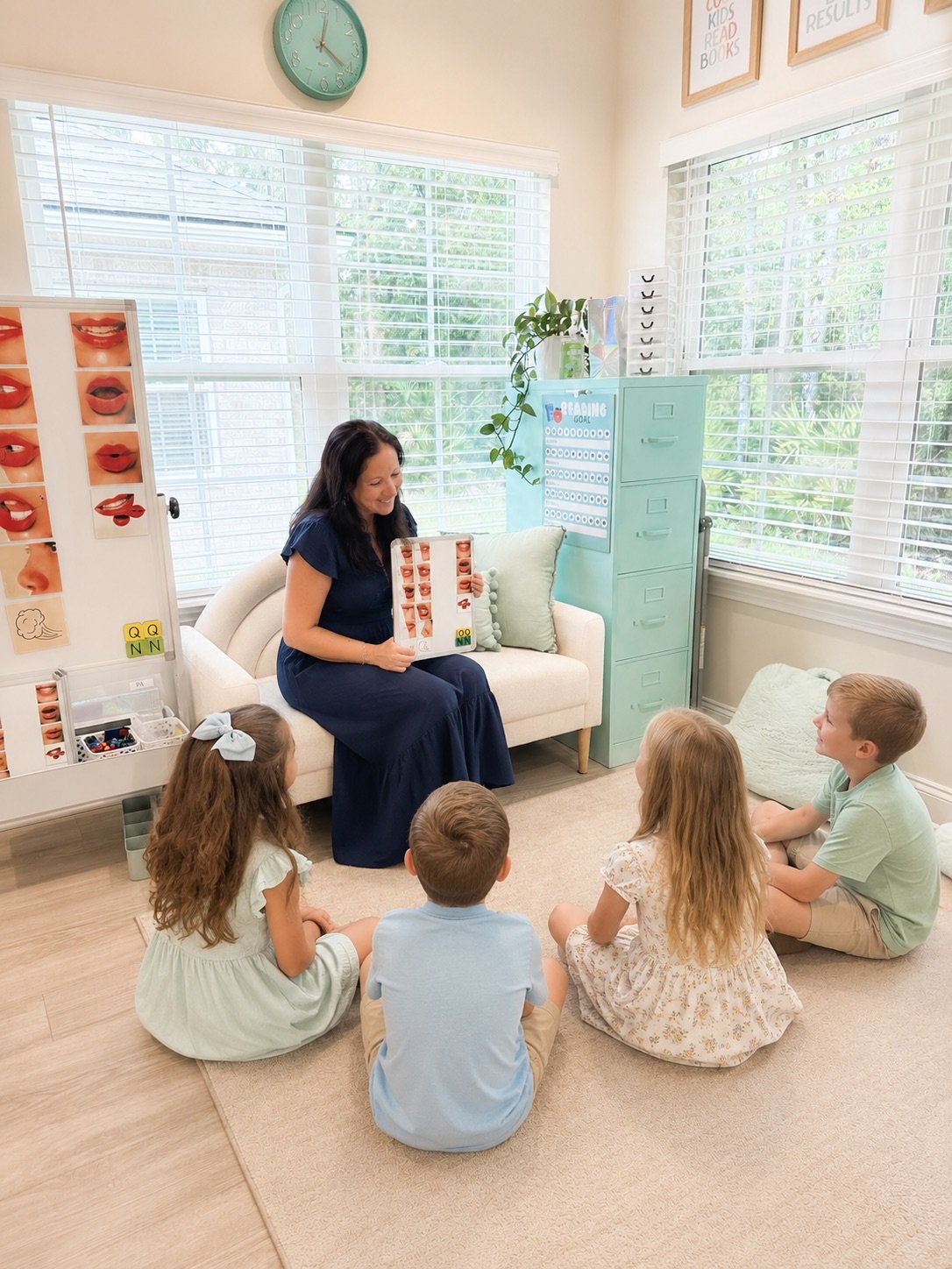 A teacher sitting on a white sofa showing a chart of lips with different lip styles to four children sitting on the floor in a brightly lit room with large windows, white blinds, and educational posters on the wall.