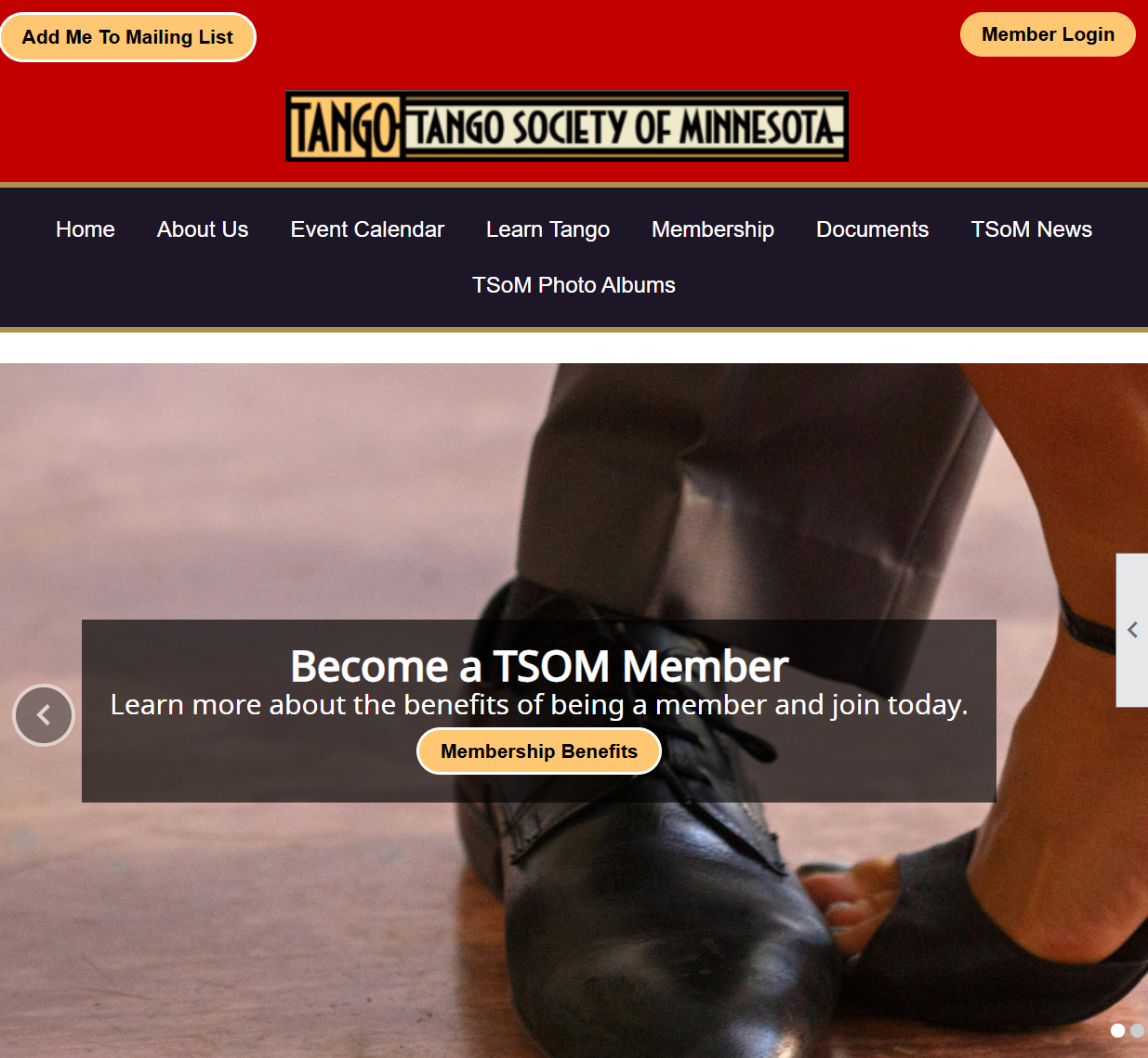 Tango Society of Minnesota website homepage with a link to their site