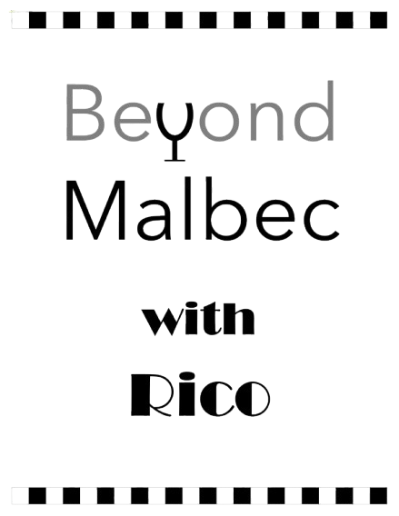 Beyond Malbec logo, featuring the words "Beyond Malbec with Rico" (the "y" in "Beyond" has the shape of a wine glass)