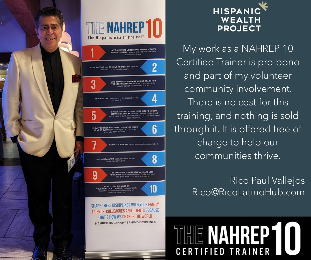 Rico wearing a tuxedo next to a banner listing the NAHREP 10 disciplines, along with a sentence explaining the pro-bono nature of this volunteer work intended to help our communities thrive.