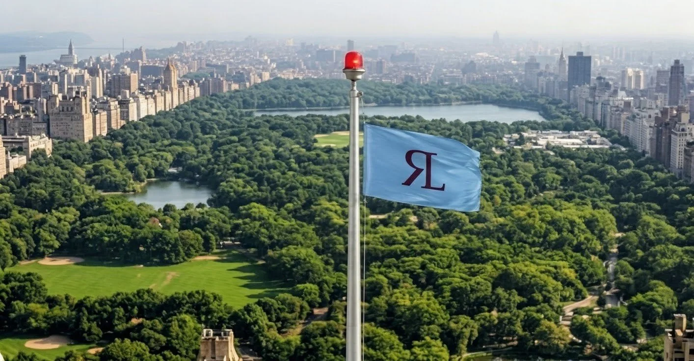 The RicoLatino flag (featuring the RicoLatino logo) flying over Central Park, New York City.