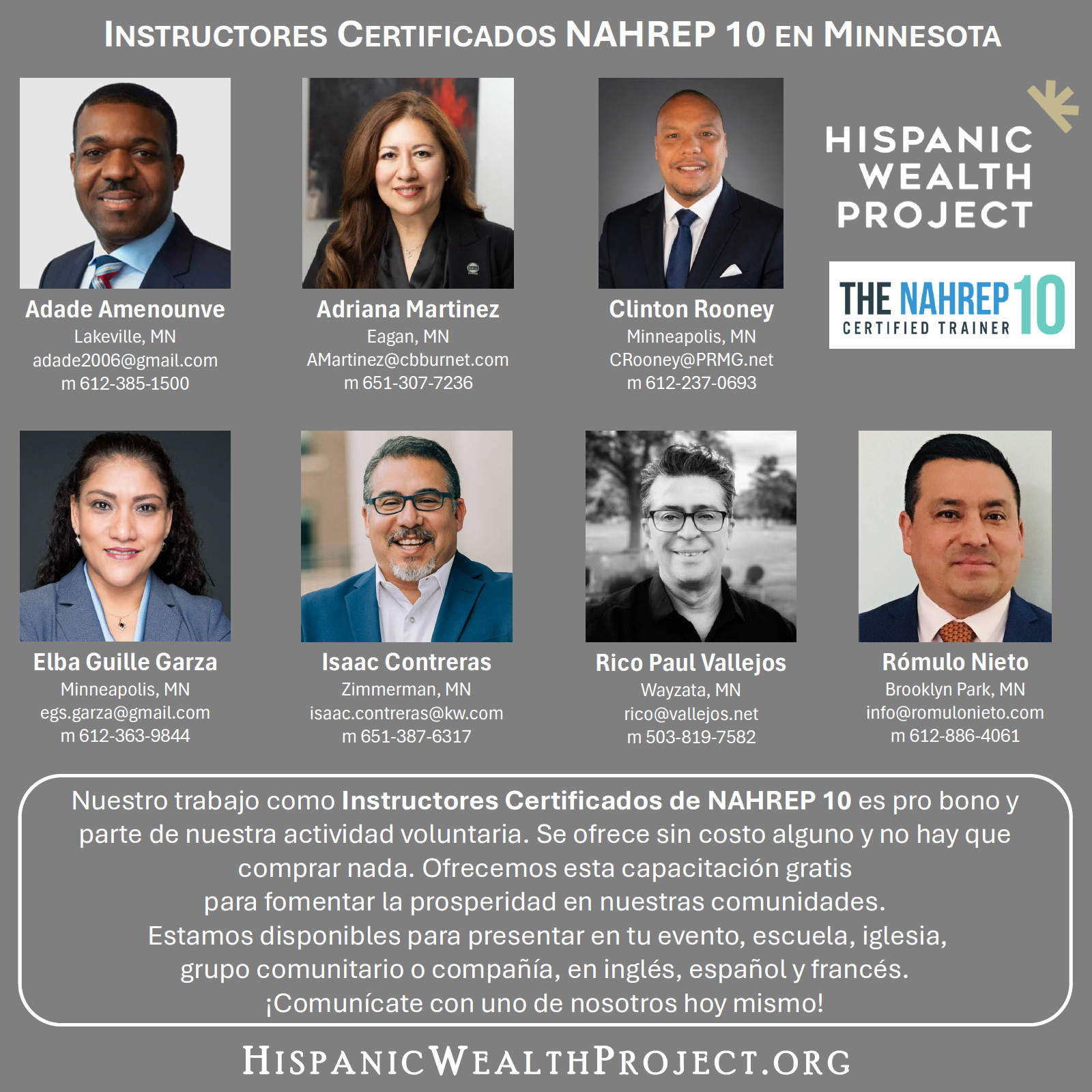 Los siete instructores certificados por el Hispanic Wealth Project en las 10 disciplinas de NAHREP 10. Hay fotos y contacto de Adade Amenounve, Adriana Martinez, Clinton Rooney, Elba Guille Garza, Isaac Contreras, Rico Paul Vallejos, y Romulo Nieto.