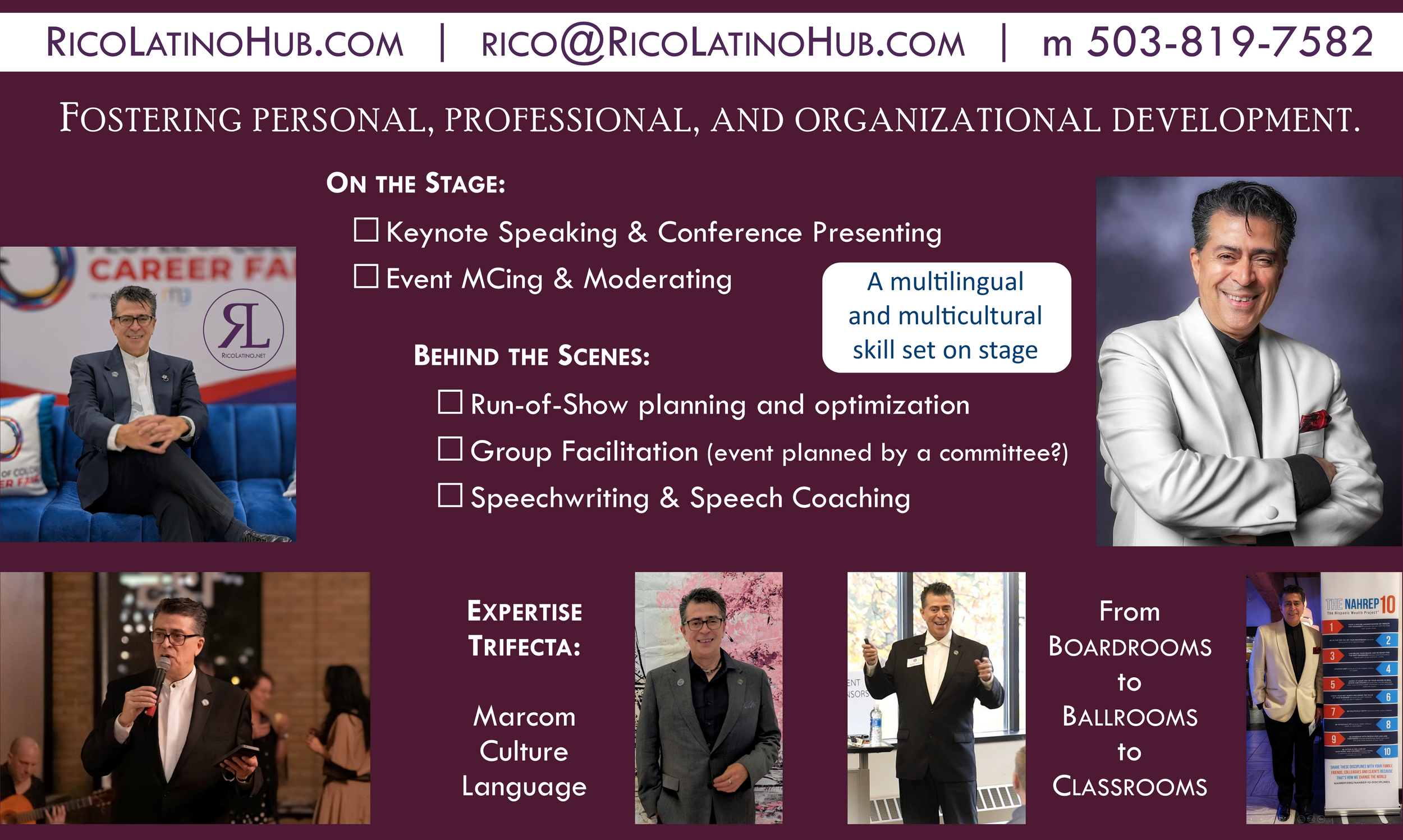 Photos of RicoLatino (Rico Paul Vallejos) listing his MC and speaker/presenter services, with the offering of a multilingual and multicultural skill set on stage, services behind the scenes such as run-of-show planning, speechwriting, speech coaching