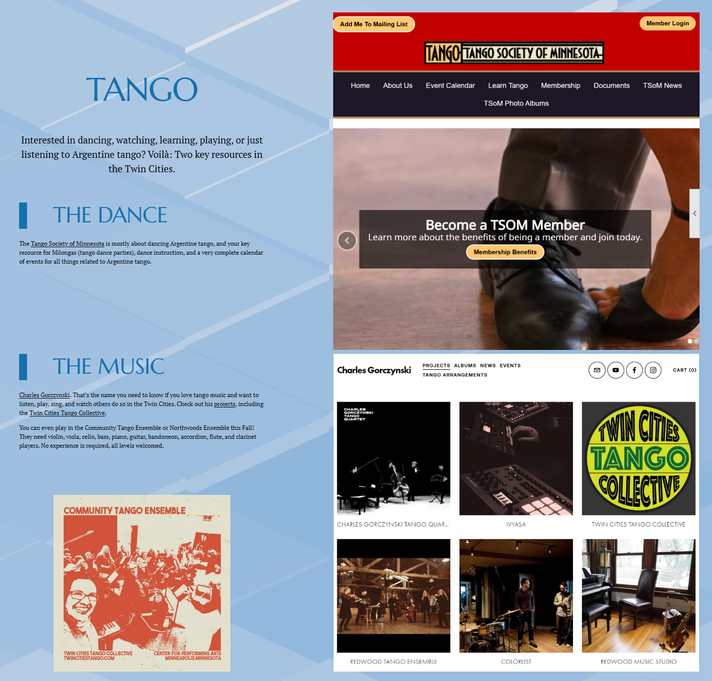 Image of Rico's tango page, where he features resources in the Twin Cities (Minnesota) on TANGO THE DANCE and TANGO THE MUSIC.