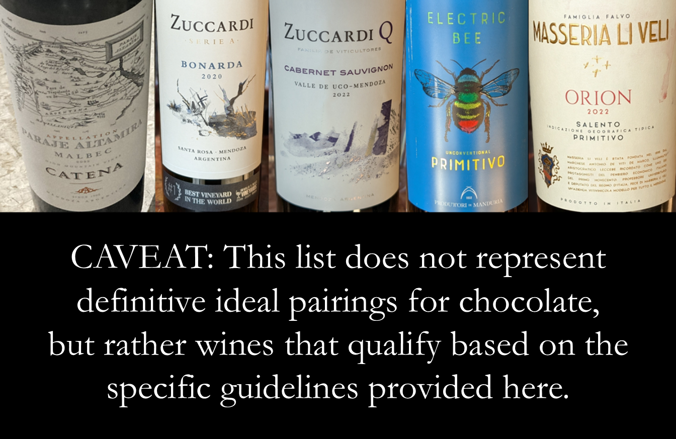 The five bottles used during this tasting, with the caveat that these are not the definitive ideal pairing but wines that meet the guidelines on this page