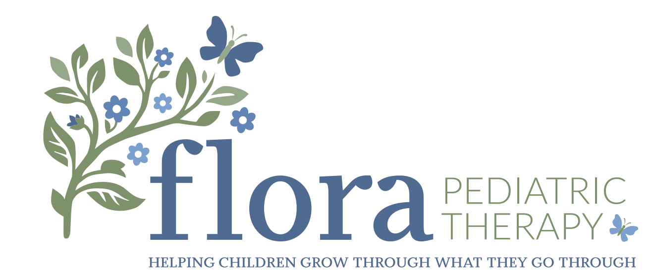 Logo for Flora Pediatric Therapy featuring a stylized green plant with small blue flowers and two blue butterflies, with the text "flora Pediatric Therapy" and the tagline "Helping children grow through what they go through."