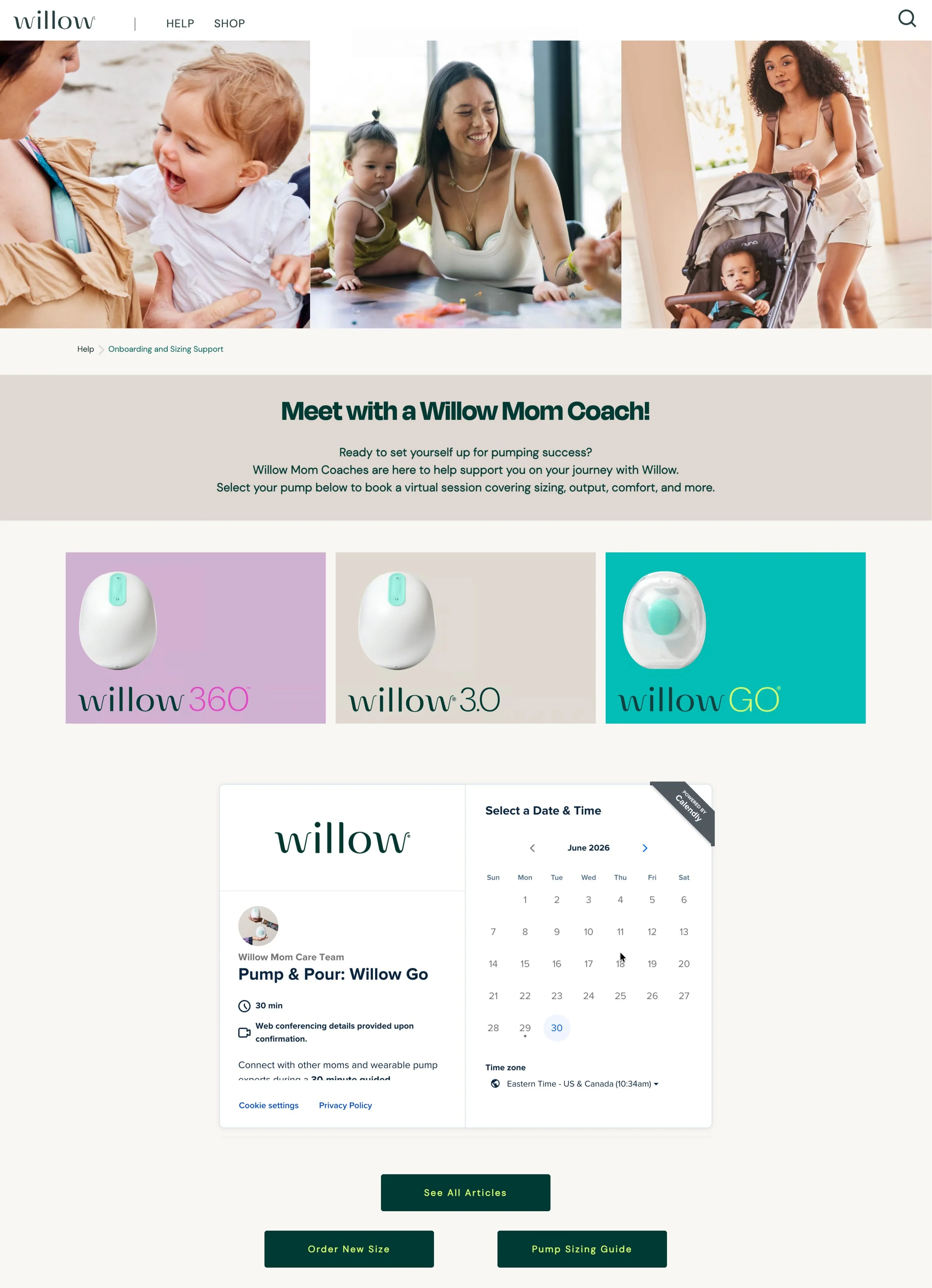 2026 screenshot shows Willow has integrated a Calendly booking calendar for session with their Care Team.