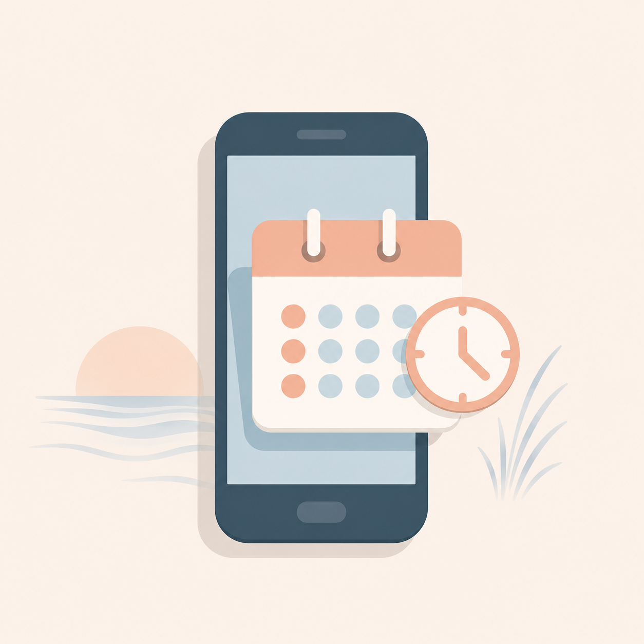 Digital illustration of a smartphone with a calendar app and a clock overlay, scene includes a sunset and water with grass in the background.