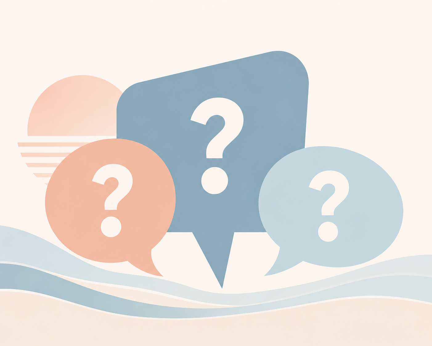 Abstract illustration featuring three speech bubbles with question marks in pastel pink, blue, and dark blue, set against a light background with wavy lines and a sun icon.