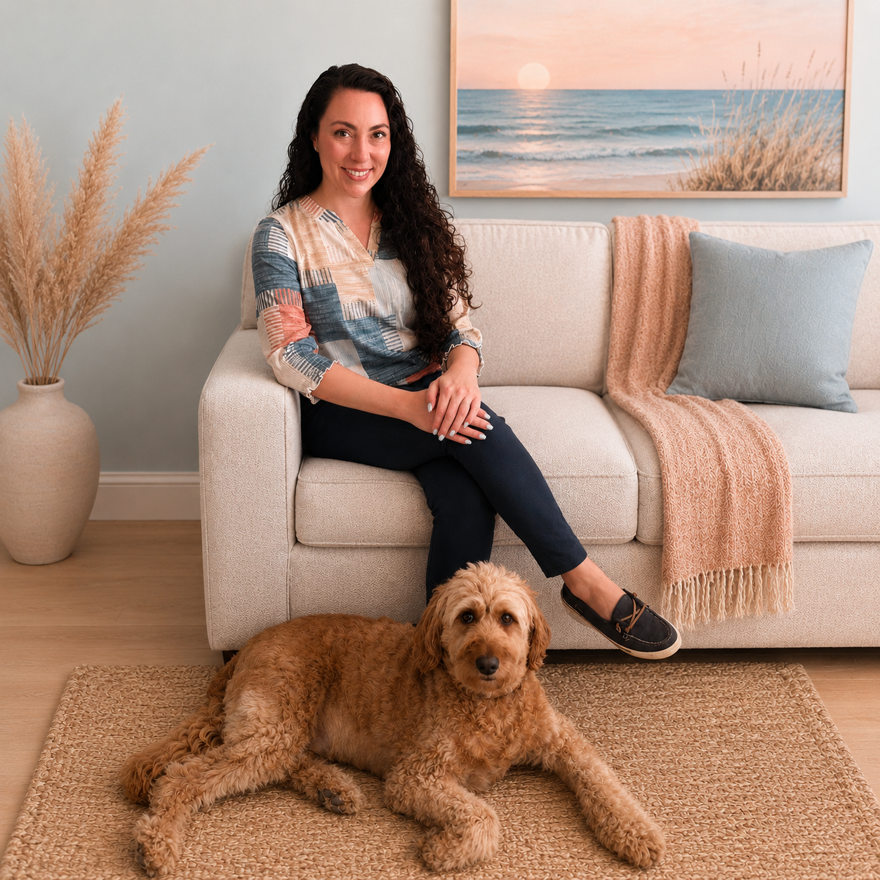 A woman with long curly hair sitting on a beige sofa with a golden retriever laying on a rug in front of her in a living room with beach artwork on the wall and a vase with pampas grass.