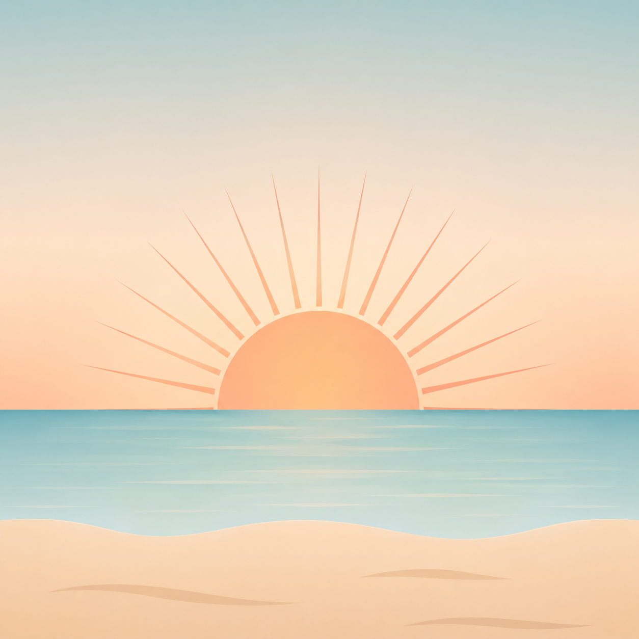 Minimalist illustration of a sunrise over the ocean with sand in the foreground.