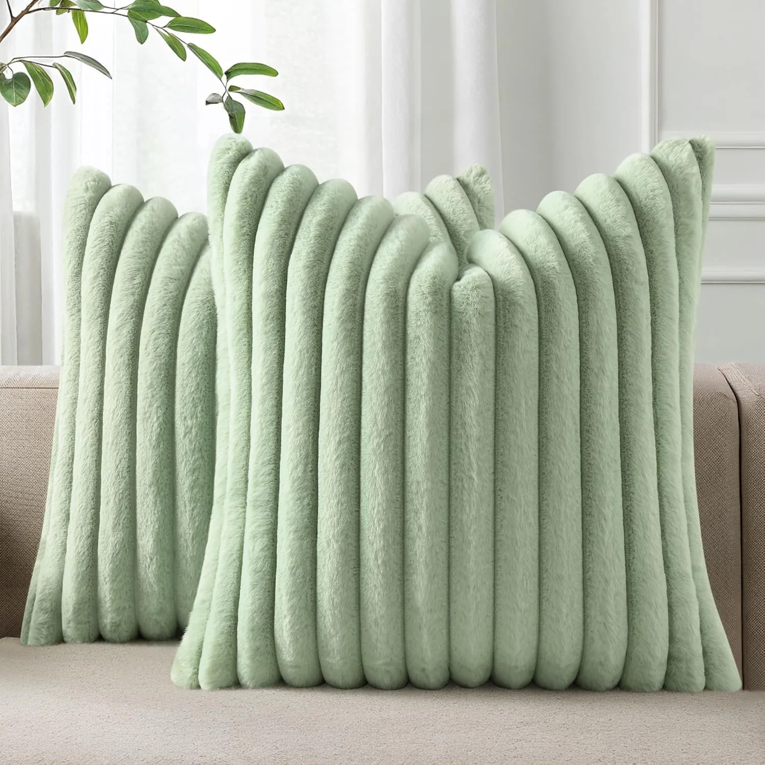 Pallene Faux Fur Plush Throw Pillow Covers 26x26 Set of 2, Luxury Soft Fluffy Striped Decorative Pillow Covers for Sofa, Couch, Living Room, Sage Green.jpg