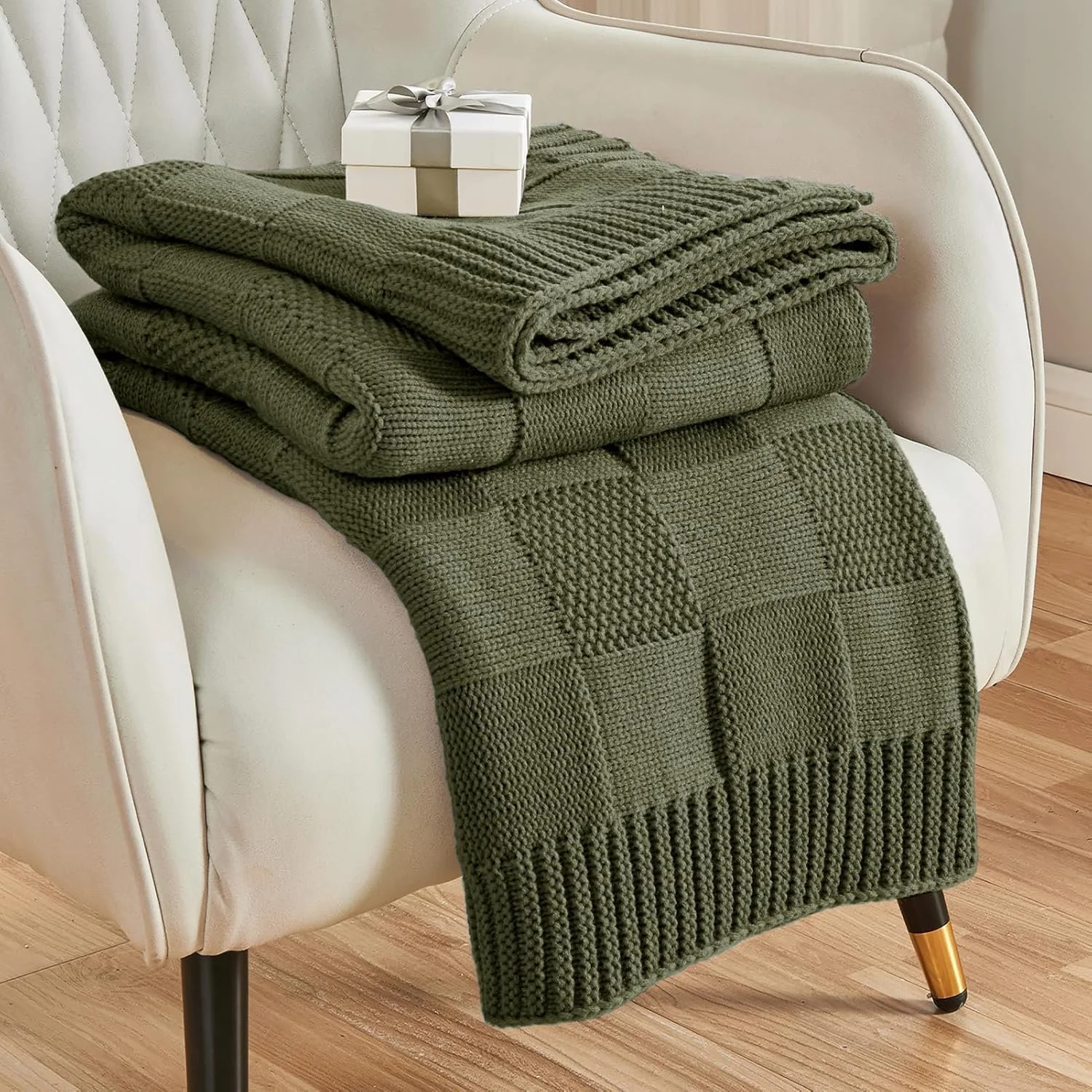 CozeCube Check Knit Throw Blanket, Olive Green Checkered Throw for Couch, Decorative Christmas Soft Cozy Warm Knitted Blanket for Bed Sofa Living Room, 50%22X60%22.jpg