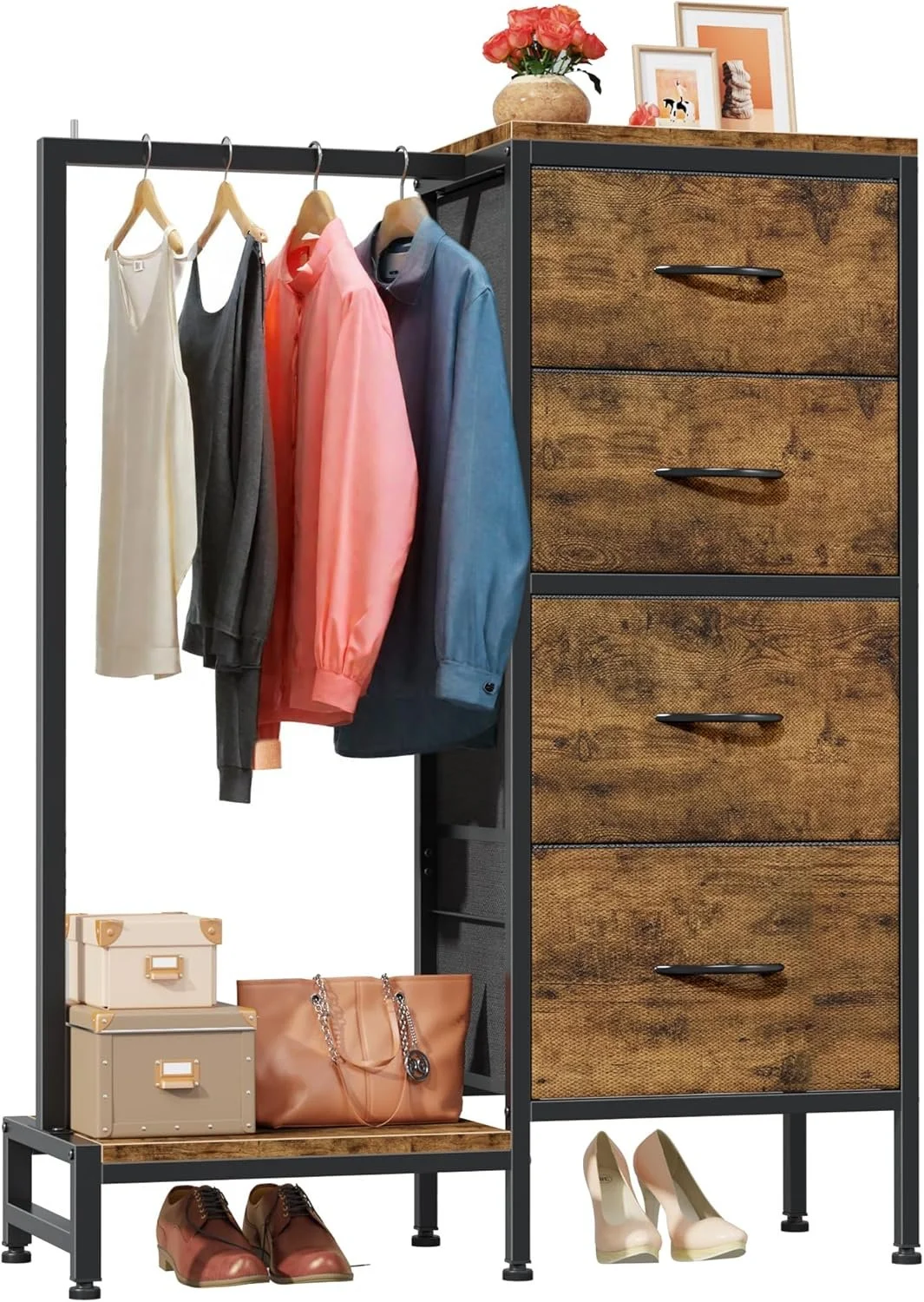 HIGDBFE Dresser with Hanging Rack, 4 Drawers Small Closet for Bedroom, Reversible Fabric Kids Chest of Drawers with Clothes Rack, Tall Storage Tower, Sturdy Frame, Rustic Brown, 44''H.jpg