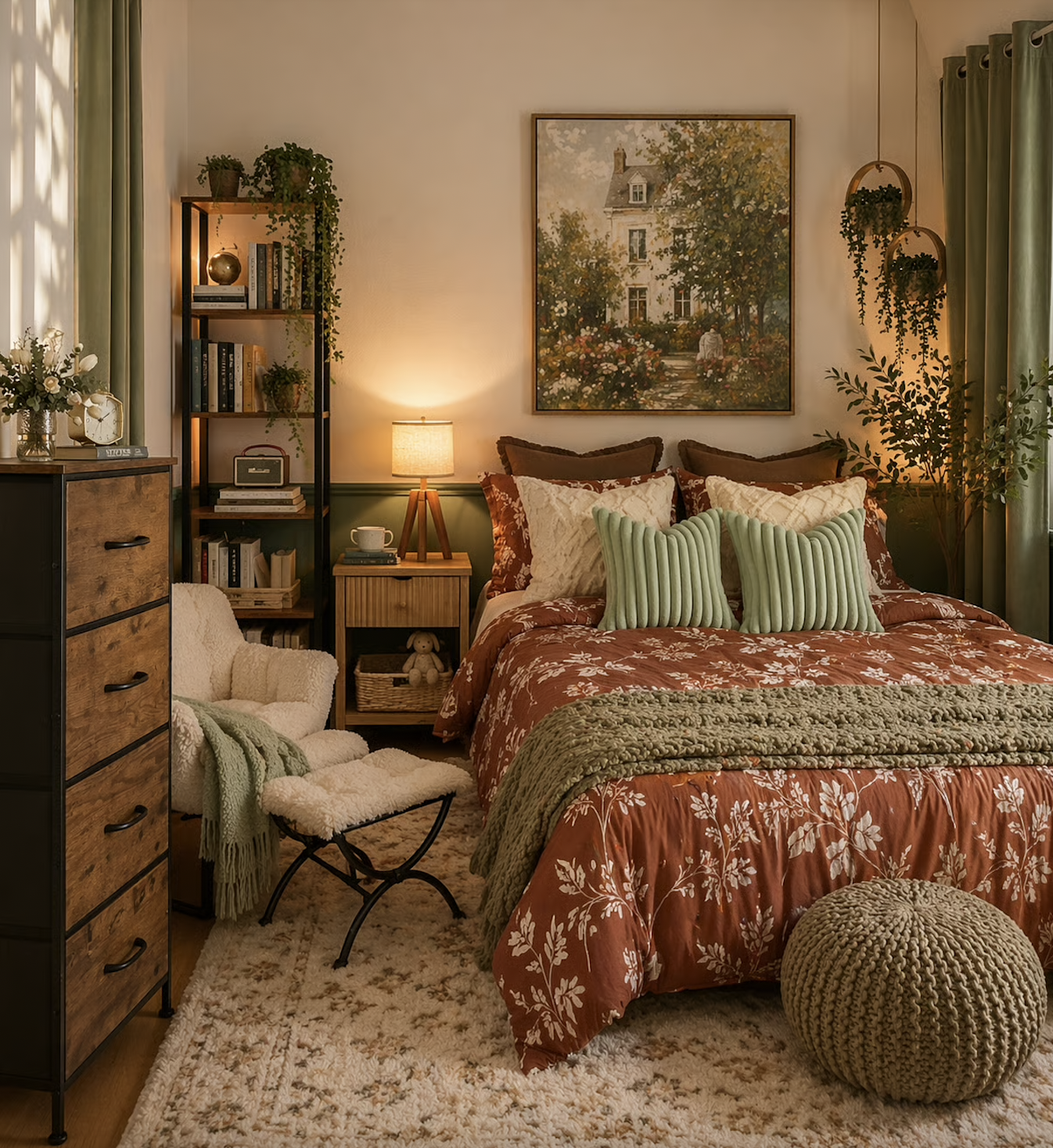 Cozy bedroom with a bed covered in a floral red bedspread and green pillows. To the left, there is a wooden dresser, a fluffy white chair with a green blanket, and a small bookshelf with plants and books. A nightstand with a lamp and cup is beside the bed. A large framed painting of a house and garden hangs above the bed, with green curtains on each side and potted plants on the shelves and hanging on the wall.