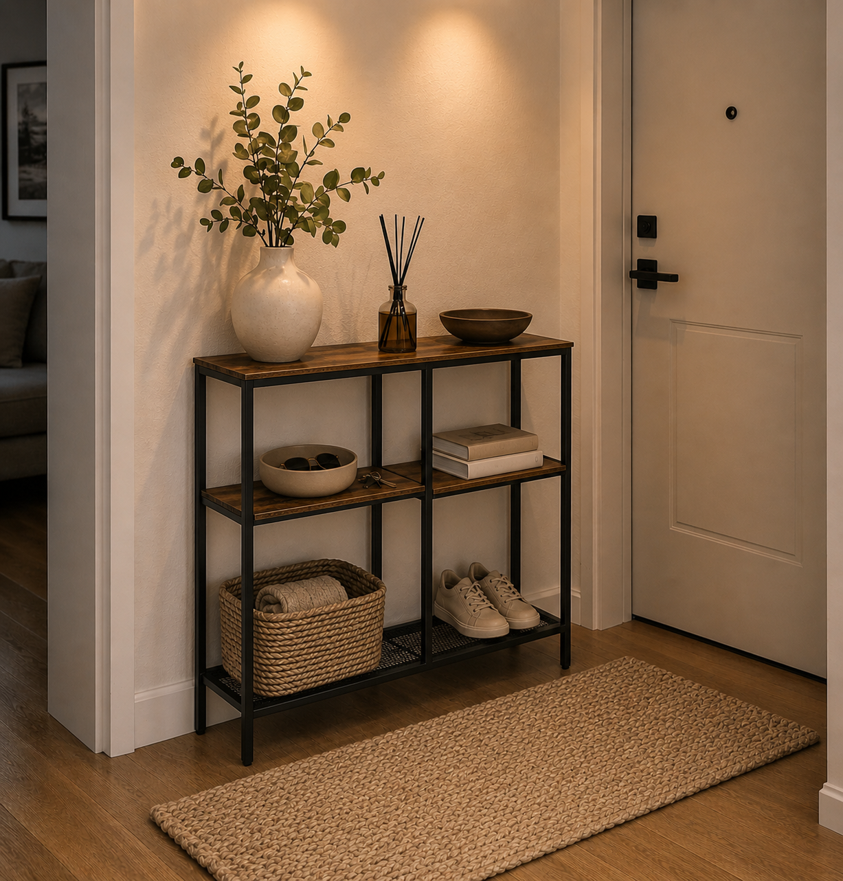 Narrow Console Table, Sofa Table, 4-Tier Industrial Entryway Table with Metal Mesh Shelf, Hallway Table with Adjustable Feet, for Entryway, Living Room, Hallway, Rustic Brown and Black.png