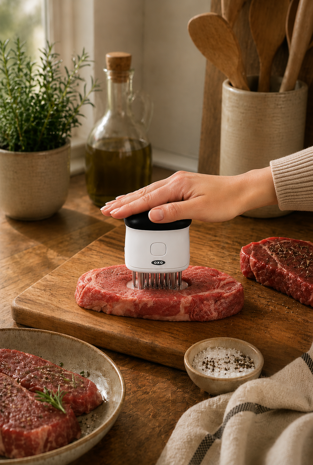 Tenderizing steak in a rustic kitchen.png