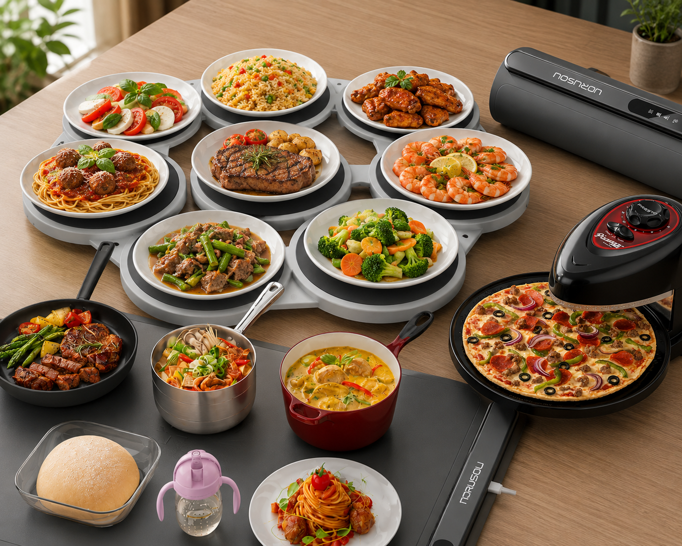 Modern dining feast with tech-driven appliances.png