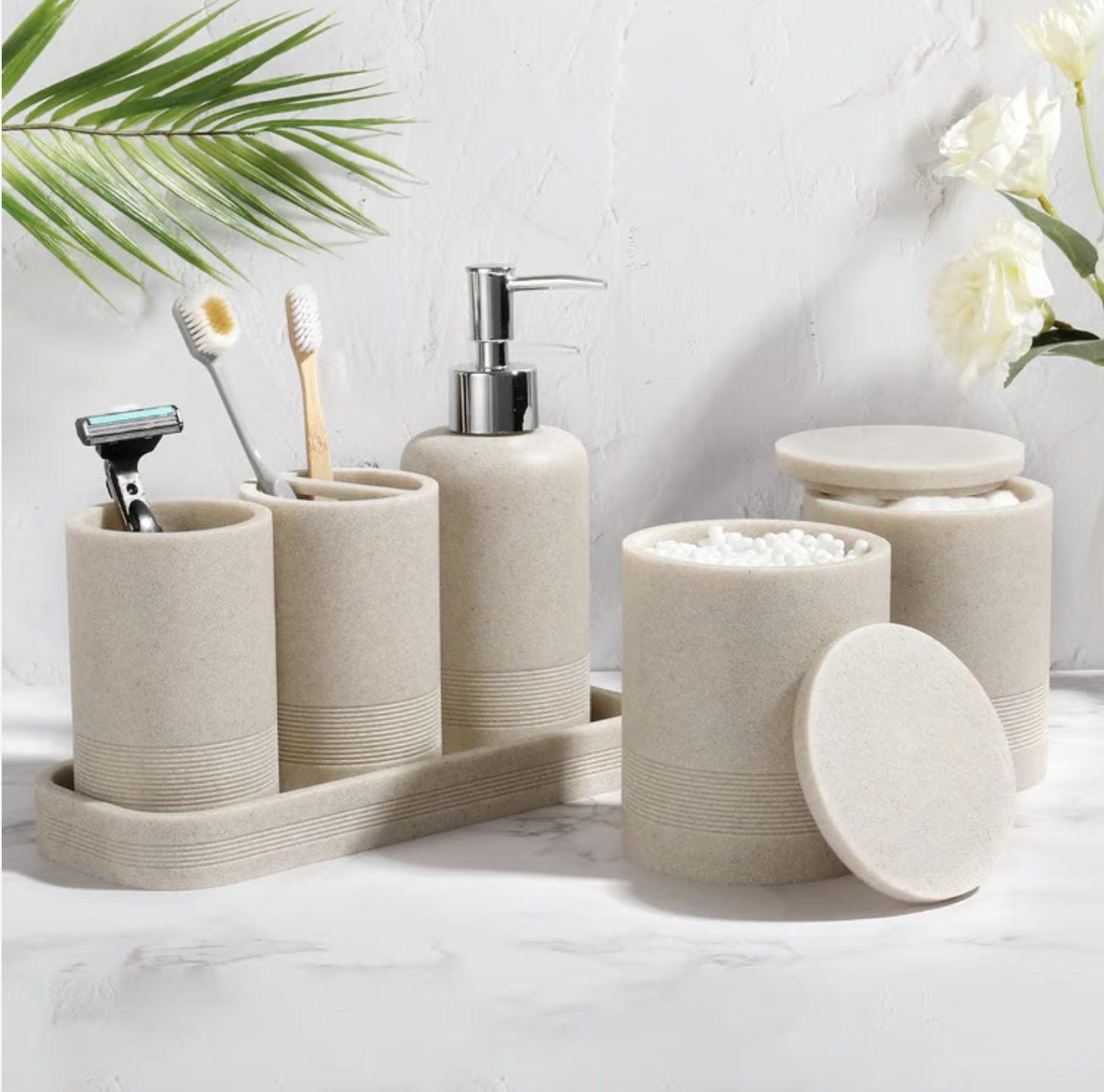 Beige Bathroom Accessory Set with Soap Dispenser.png