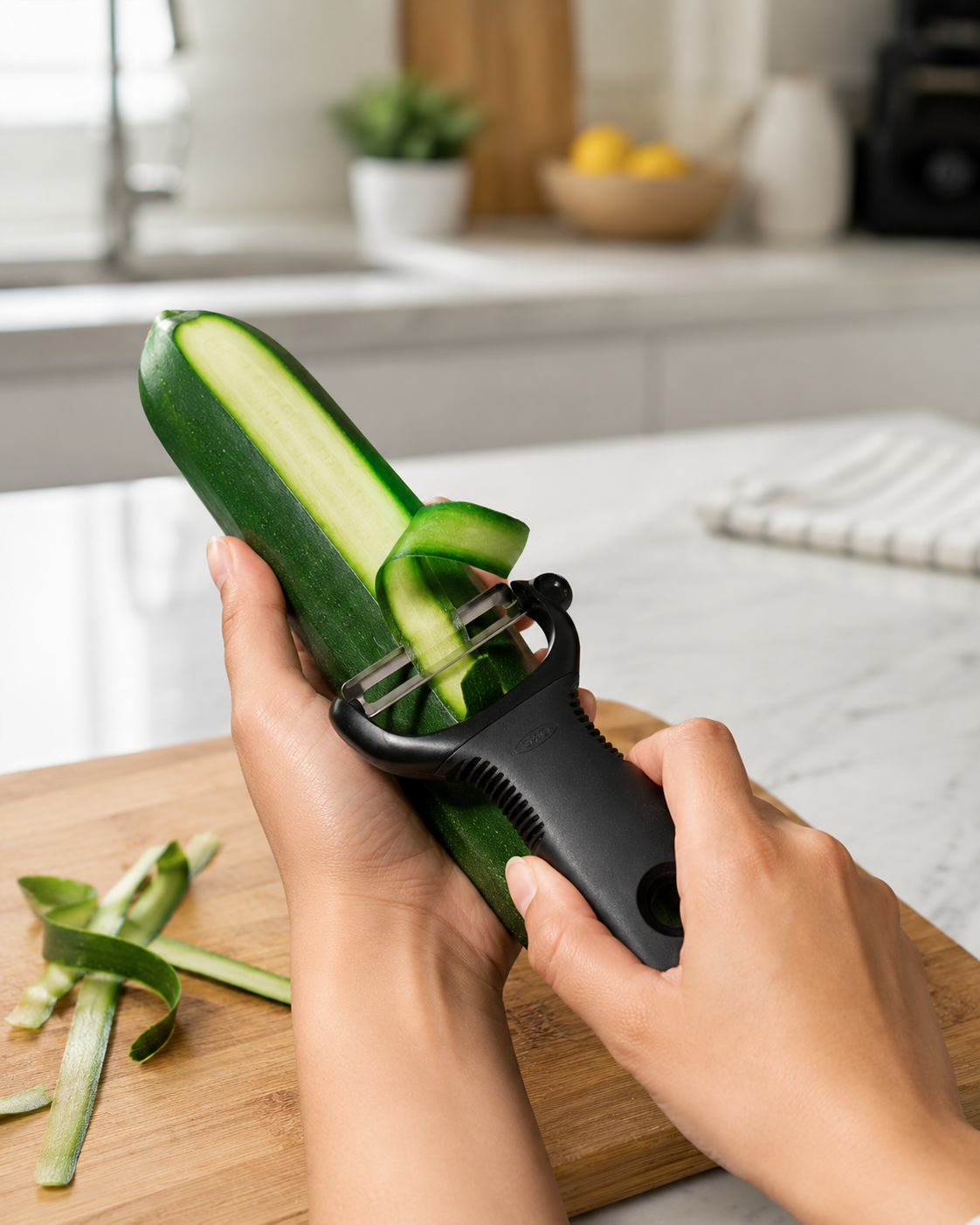 Peeling zucchini in a modern kitchen.png