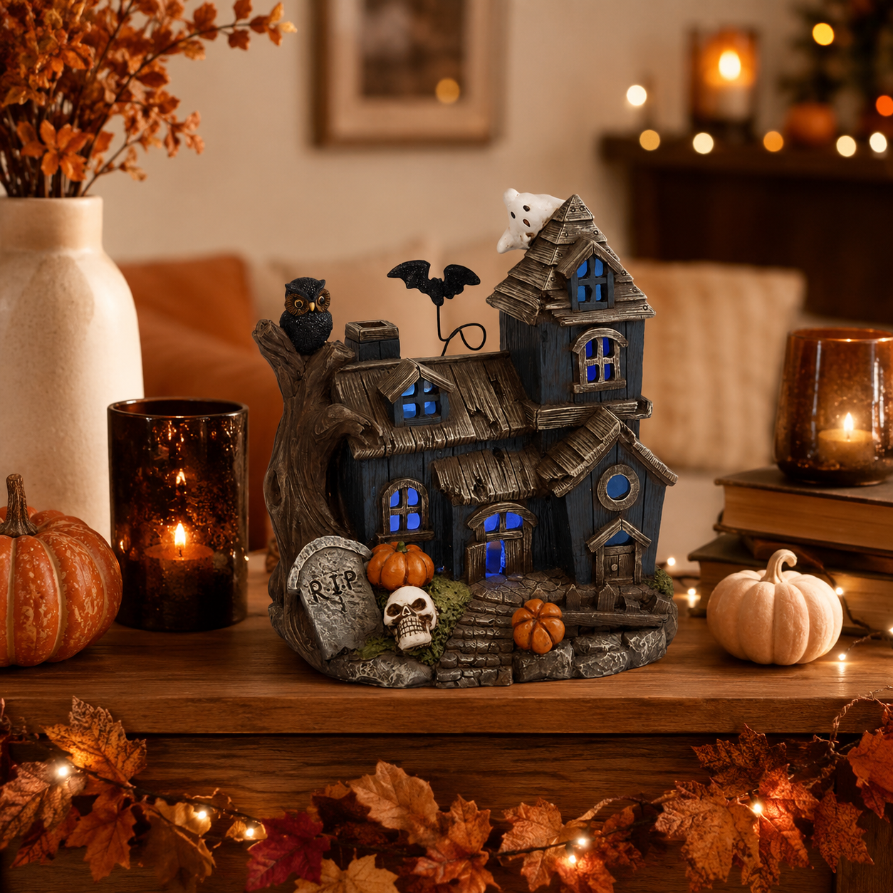 Cozy Halloween tabletop with haunted house.png
