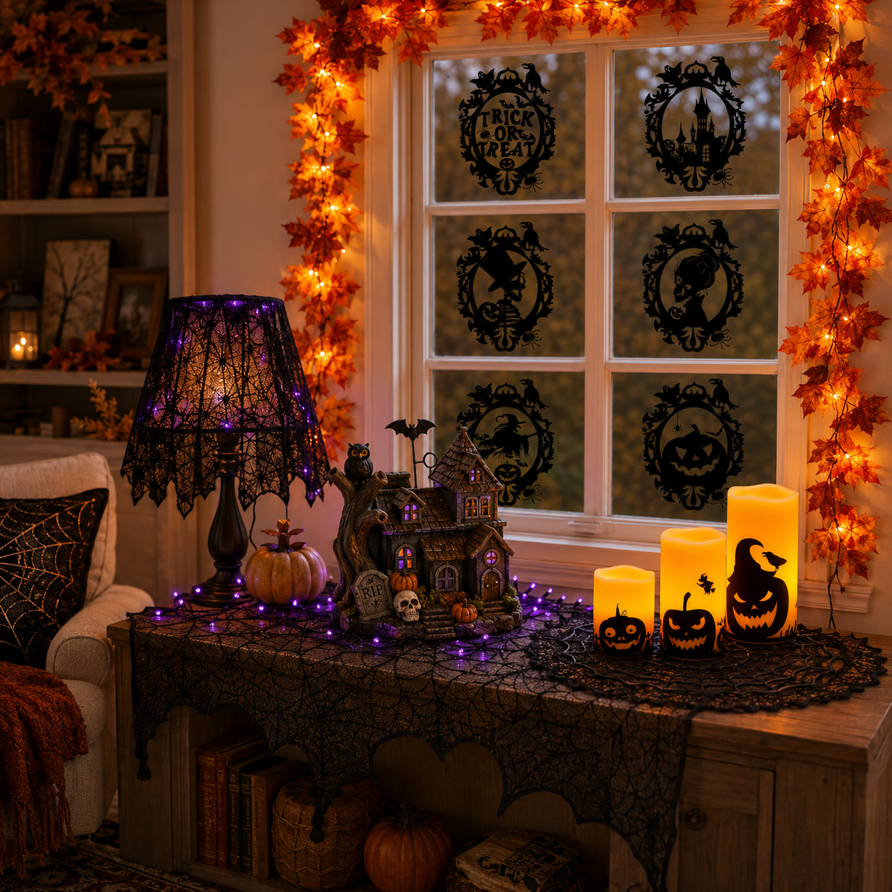 Cozy Halloween vignette by the window.png