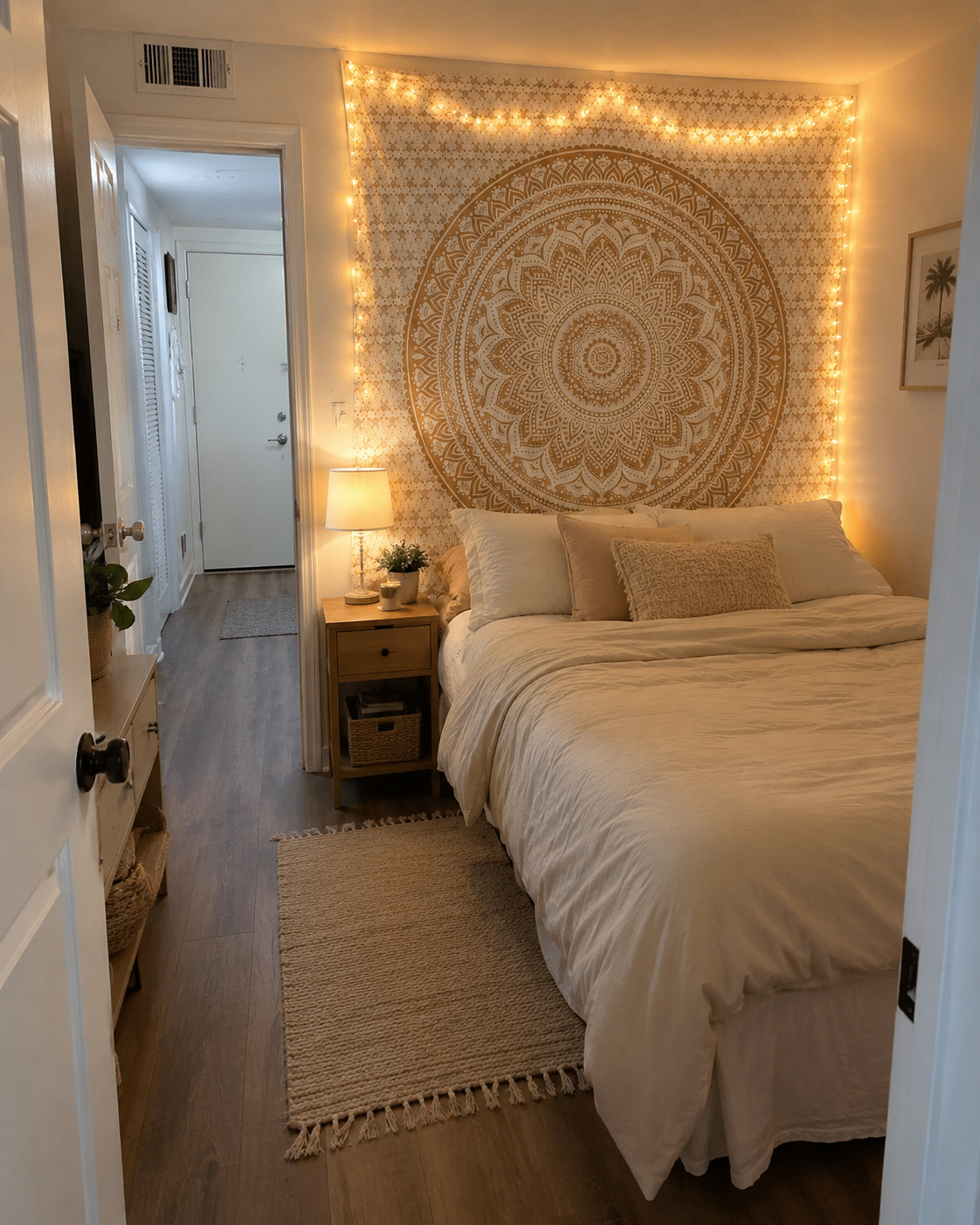 Cozy boho bedroom with fairy lights.png