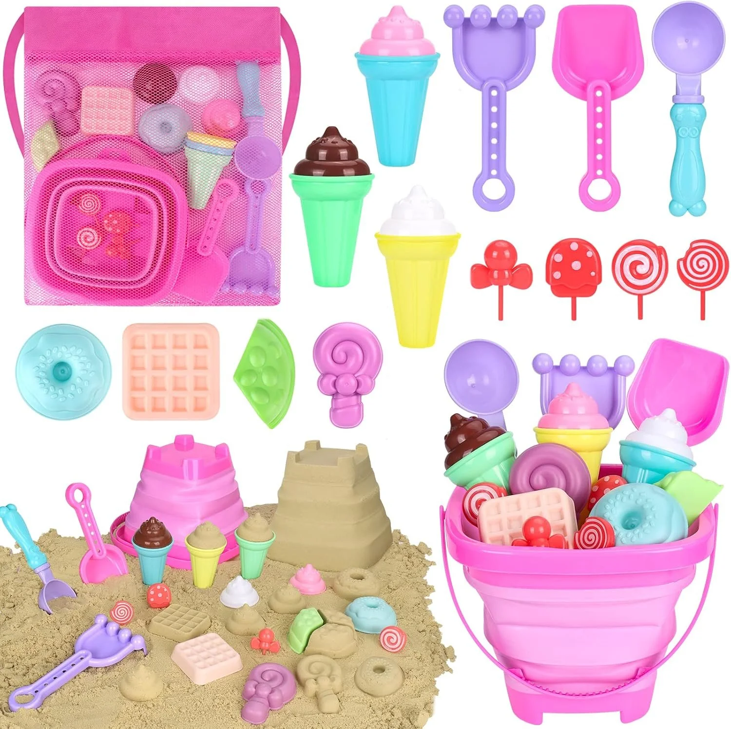 Collapsible Beach Toys Set for Kids Toddlers Girls, Collapsible Sand Bucket and Shovels Set with Mesh Bag & Sand Molds, Ice Cream Travel Sand Toys for Beach, Sandbox Toys for Toddlers Kids Age 3-10.jpg