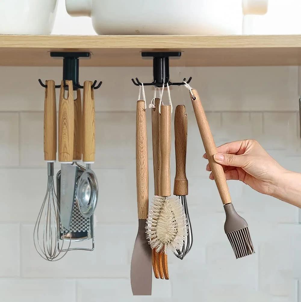 2pcs Under Cabinet Kitchen Utensils Hooks, 360 °Rotation Utility Hooks,Under Cabinet Adhesive Kitchen Hanging Storage Rack for Kitchen Utensils Tools(Black) .jpg
