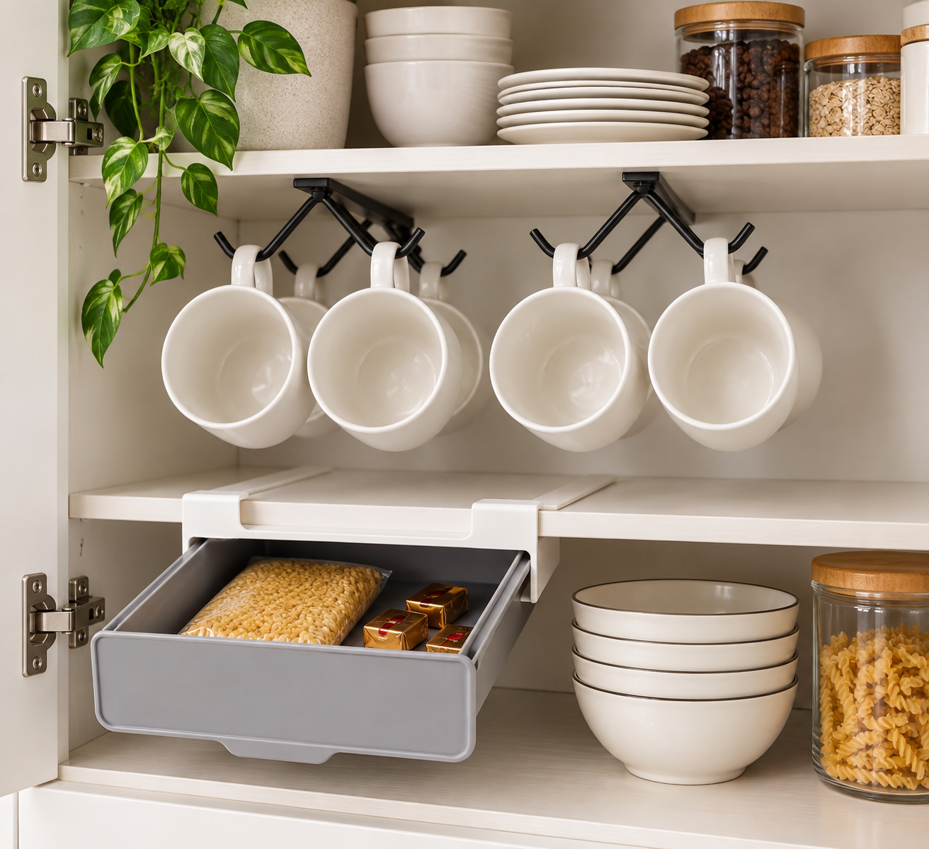 Organized Cream Kitchen Cabinet with Hanging Mugs.png